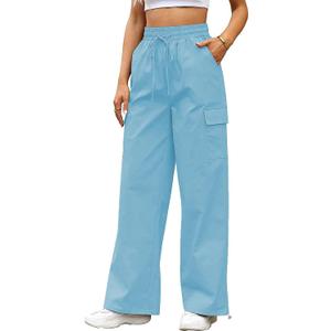 YOCUR Womens Casual Elastic High Waisted Work Pants Cotton Straight Leg Drawstring Trousers (XX-Large, B03-blue)