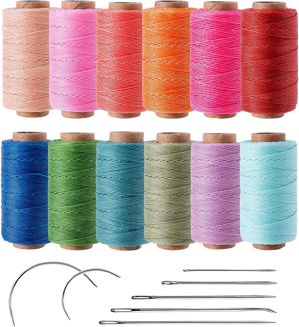 0.55mm Bonded Round Waxed Polyester Thread 76 Yards Each, 12 Rainbow Color Wax Coated String Thin Cord for Micro Macrame, Bracelets Braided, Leather Sewing, Stitching, Beading and Bookbinding