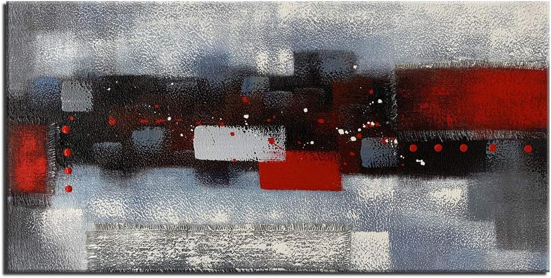 Large Abstract Red Gray Linen Wall Art Hand Painted Textured Oil Painting Picture on Canvas Framed Ready to Hang 60x30inch (60L" x 30W", MP-158)