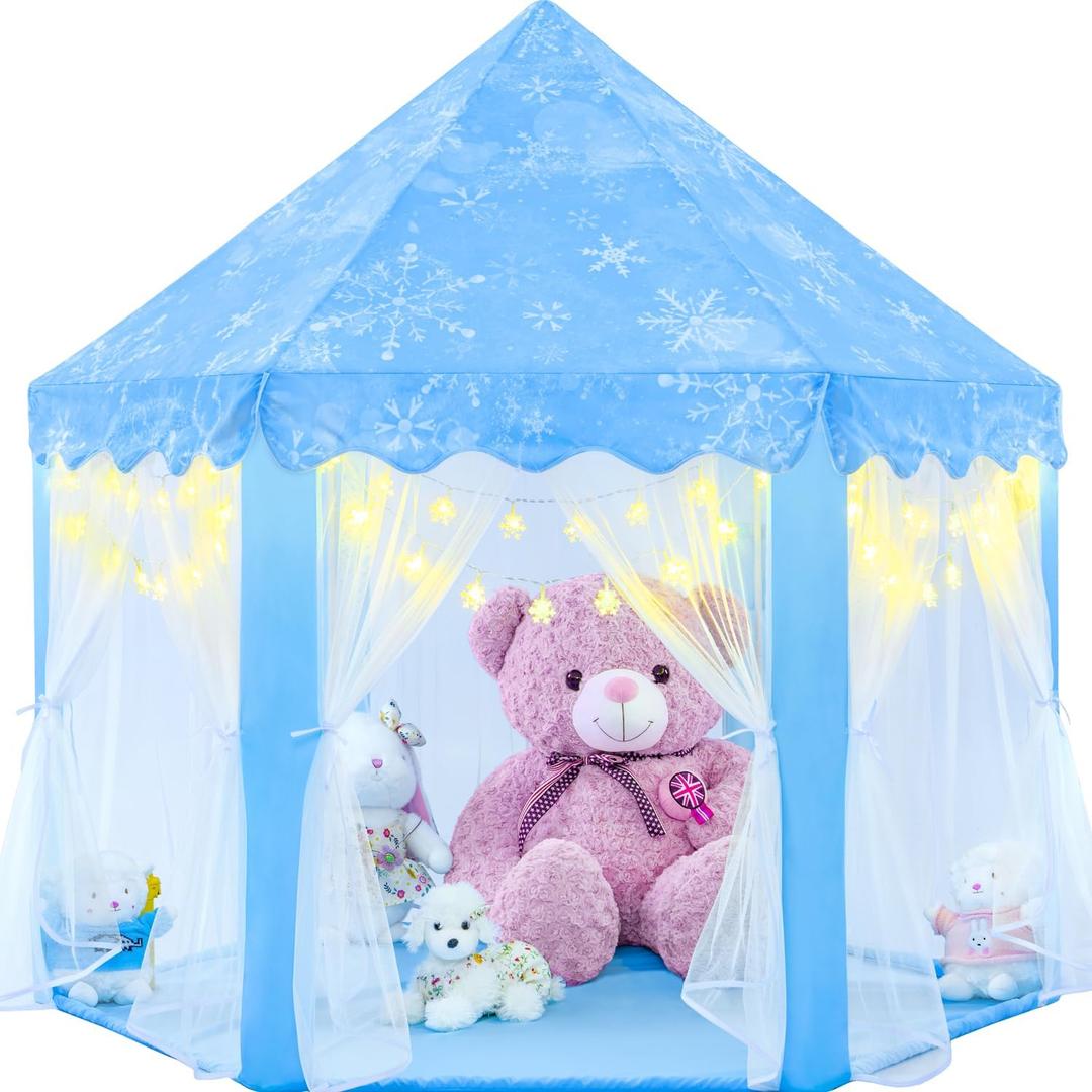 EVOIONOS Frozen Princess Tent for Girls, Kids Play Tent with Snowflake Lights, Castle Playhouse for Children Indoor Outdoor Games, 55 x 53 inches, Blue