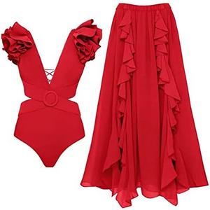 IDOPIP Women's One Piece Swimsuit with Beach Cover up Wrap Skirt Sarong Retro Floral Print Bikini Set Two Piece Bathing Suit, Medium, Red 