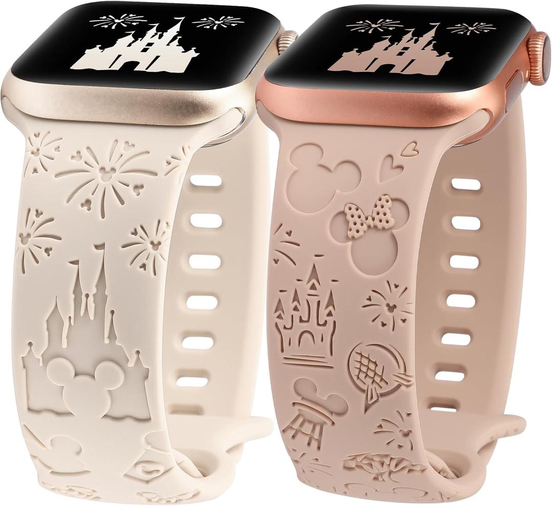 2 Packs Cartoon Engraved Band Compatible with Apple Watch Band 38/40/41/42/ 44/45/ 46/49mm Women, Cute Designer Soft Silicone Strap for iWatch Series 11 10 9 8 7 6 5 4 3 SE/Ultra 3 2 1 (Starlight & Milk Tea)
