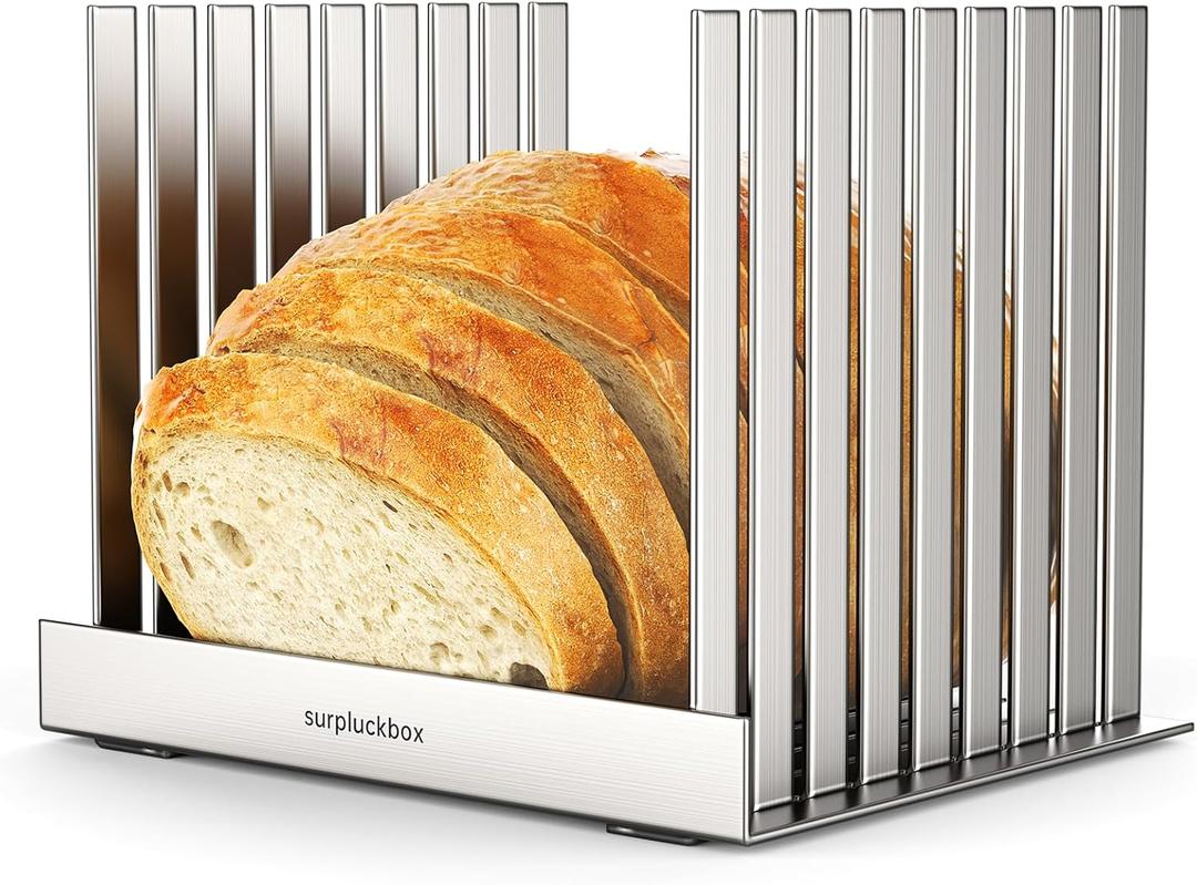 Bread Slicer, 304 Stainless Steel Adjustable Slicing Guide - Foldable for Space-Saving Storage, Durable & Stable, No Crumb Loss, Easy to Clean for Homemade Bread, Bagels & Cakes