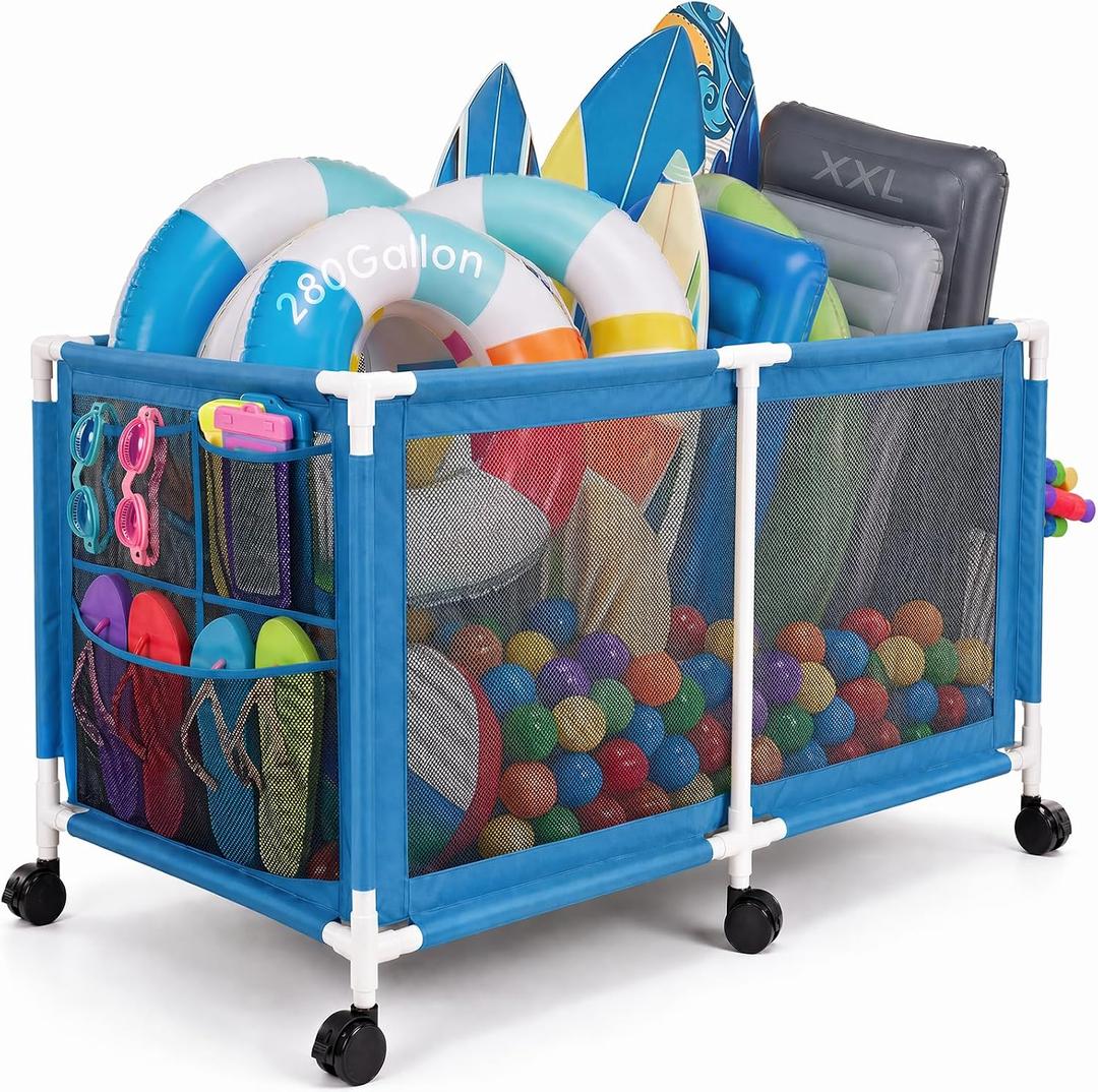 280 Gallon 69" Pool Storage Bin XXL Extra Large Swimming Pool Float Storage Bin, Pool Noodles Holder, Toys, Floats, Balls and Floats Equipment Mesh Rolling Bin for Garden Lawn, 69" Lx32 Wx35 H (Blue)