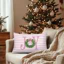 Coquette Pink Bow Christmas Wreath 12x20 Pillow Cover, Preppy Christmas Decor, Girly Pink Striped Joy Xmas Holiday Decorative Throw Pillow Covers Pillowcases for Girls Room Dorm Apartment