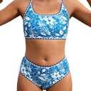 XUNYU Teen Girls Swimsuit 2 Piece Bathing Suit Tummy Control Girls' Swimwear High Waisted Bikini Sets Cute Floral Swim Suits (12-14 Years, Peacock Blue Swimsuits)
