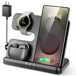 3 in 1 Charging Station for Samsung, Wireless Charger Stand for Galaxy S26/S25/S24/S23/Z Fold, Phone and Watch Charger for Samsung Watch Galaxy 8/7/6/5, Galaxy Buds 3/2/Pro