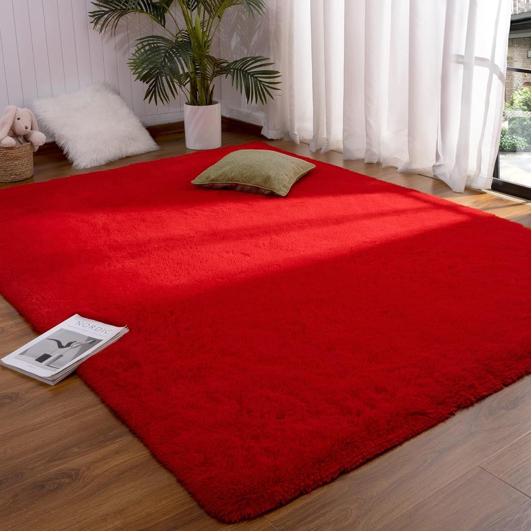 DETUM Red Rug 3x5 Feet - Fluffy Red Area Rugs for Bedroom Shaggy 3' X 5' Living Room Rug Soft Rugs for Kids Room Non-Slip Nursery Office Dorm Washable Carpets Home Decor