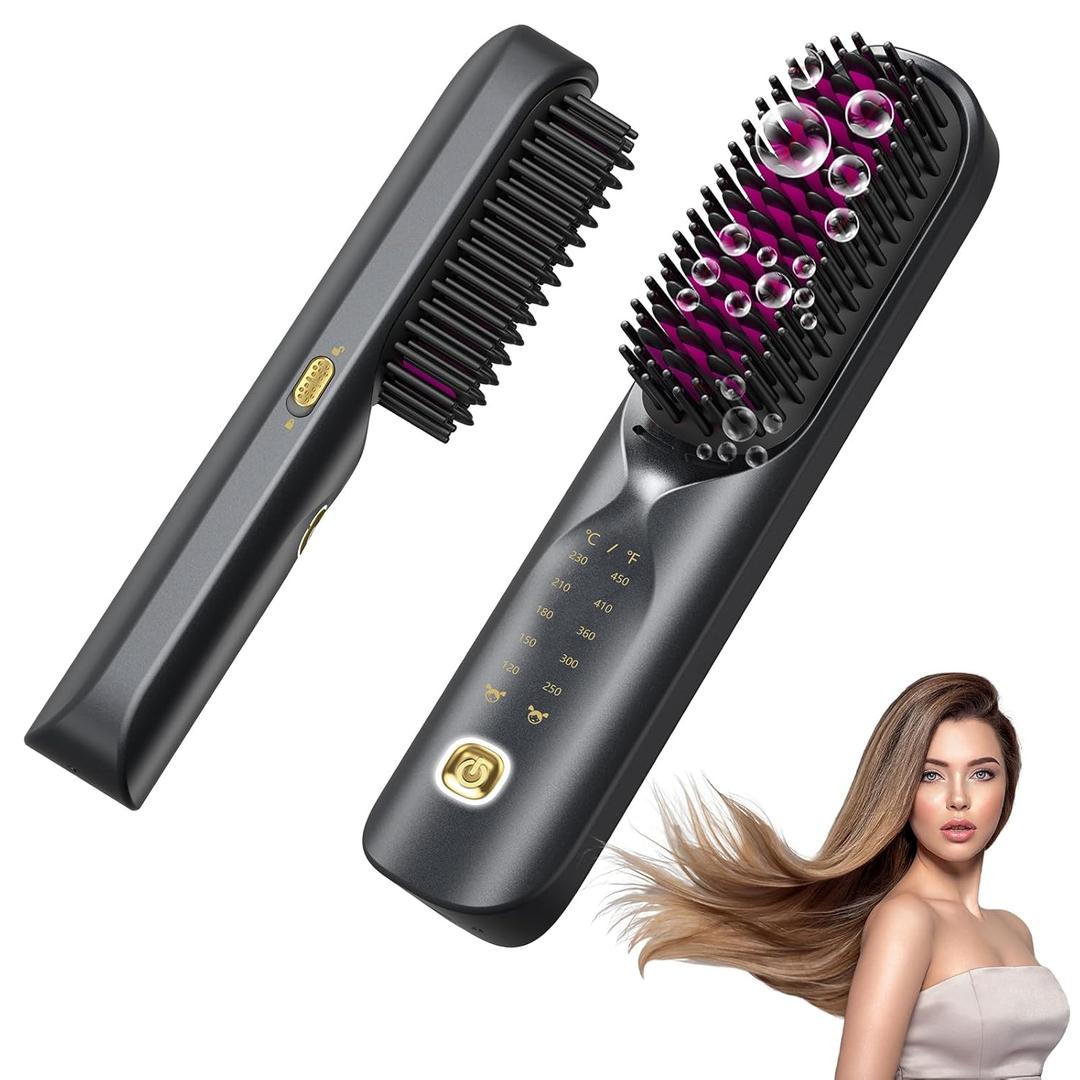 Cordless Hair Straightener Brush - Portable Hair Straightening Brush for Travel - 300M Negative Ions for Frizz-Free Shine, Touch Up On-The-Go, Fast Heating, Gift for Women, 10,000mAh