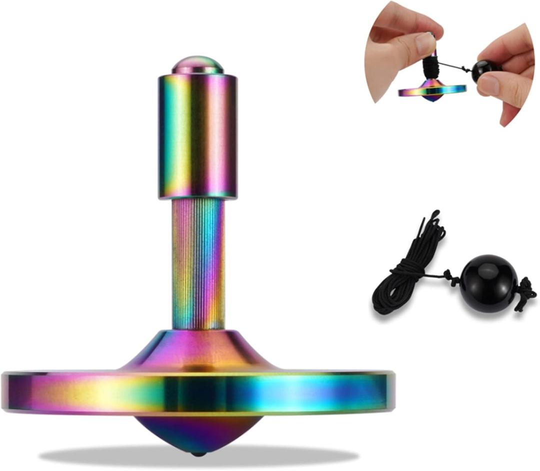 Rope Metal Spinning Top, High Performance Precision Stainless Steel Kill Time Anti-Gravity Perfect Balance Gyroscope, Spins Forever Exceed 10 Minutes Relieve Stress Toy (S/Iridescent Pro)