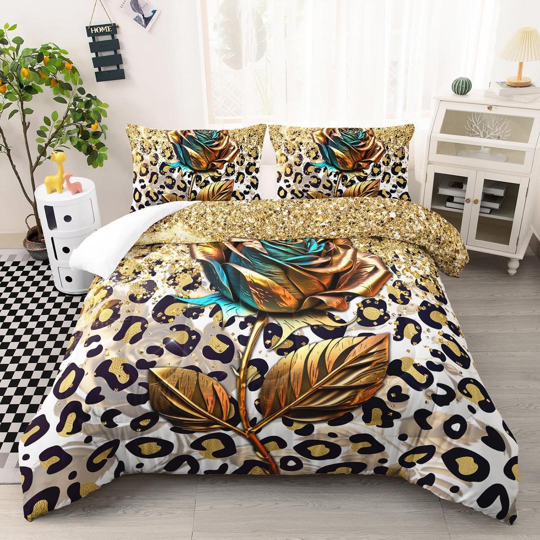 Golden Rose Comforter Set Full Gold Foil 3 Pieces Bedding Set for Women Girls, Soft Microfiber Comforter with 2 Pillowcases Down Alternative Bedding Comforter Sets for All Season