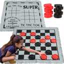 3-in-1 Vintage Giant Checkers, Tic, Tac, Toe, with Reversible Mat, 24 Chips, Family Board Game, Lawn Game, BBQ Party Favor, Indoor and Outdoor Activity for Kids and Adults