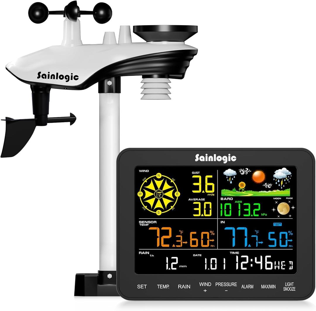 Sainlogic Weather Stations Wireless Indoor Outdoor SA6, Weather Station with Rain Gauge and Wind Speed, Weather Forecast, Temperature, Air Pressure, Humidity, Moon Phase, Alarm Clock(No WiFi)