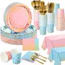 Tegeme 256 Pcs Blue and Pink Baby Shower Gender Reveal Party Decoration Serve 36 Guest Gold Dot Disposable Tablecloth Plates Napkin Cup Plastic Fork Knives Spoon for Birthday Party Supplies