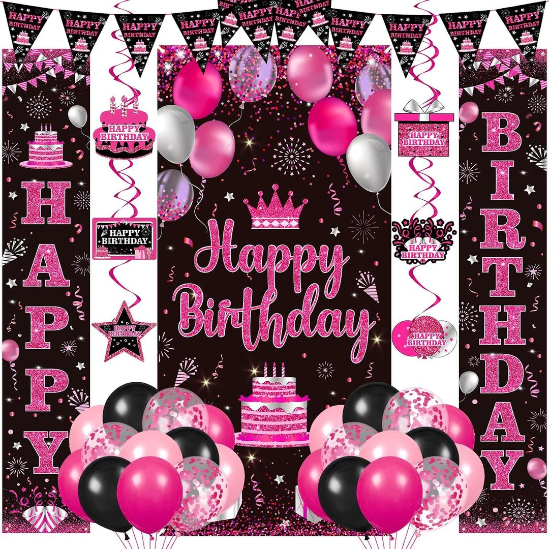 Hot Pink Birthday Decorations for Women's Men Hot Pink Party Supplies Happy Birthday Door Banner Backdrop Porch Sign Hanging Swirls Pink Black Confetti Balloons Streamers Pennant Banner Flags Decor, 71 x 35in