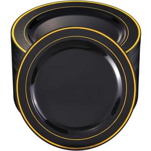 bUCLA 100 Pieces Black and Gold Plastic Dinner Plates - 10.25 inch Black Disposable Plates with Gold Rim - Ideal for Party, Graduation & New Year