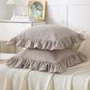 Aryeleay 2 Pack Brown White Plaid Gingham Ruffle Pillow Shams, 100% Washed Cotton Checkered Farmhouse Pillow Covers for Bed/Sofa-20 x20