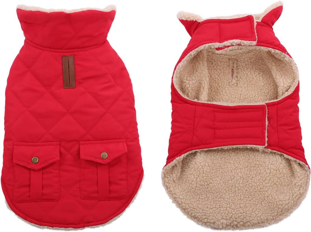 Queenmore Warm Dog Coat, Cold Weather Puffer Jacket with Ultra Thick Plush Lining and Storage Pockets, (Red, Large)