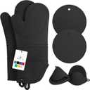 Rorecay 6pcs Oven Mitts and Pot Holders Sets Heat Resistant 500 Degrees, Extra Long and Non-Slip Silicone Oven Gloves Potholders Hot Pads for Kitchen Baking Cooking, Quilted Liner, Black