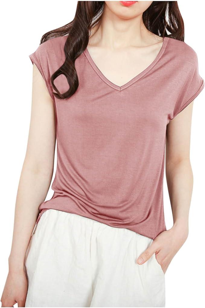 Womens Modal Tops Cap Sleeve V Neck T Shirt Ruched Slim Fit Basic Tees Lightweight Casual Summer Sleep Lounge Shirt, Size L