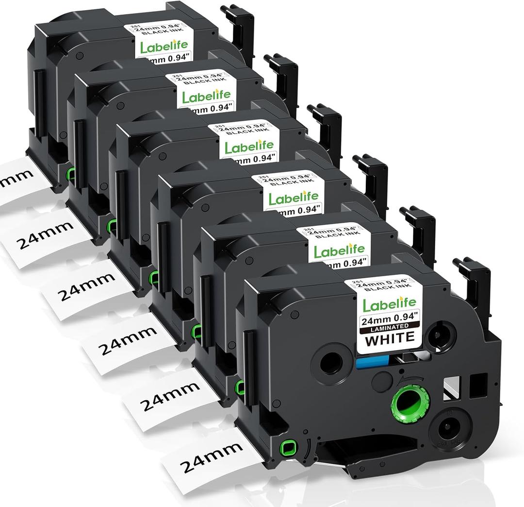 TZe-251 TZe251 Replacement for Brother P Touch Label Tape 24mm 1 Inch TZe TZ Tape 24mm 0.94 Laminated White Label Maker Tape for Brother PT-D600 PT-D610BT PT-P710BT PT-P700 PT- P910BT, 6-Pack (Black on White)