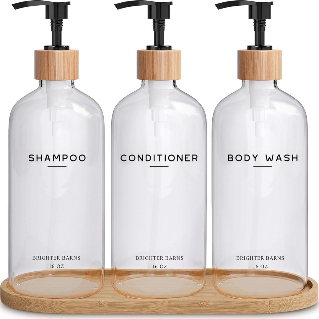 Clear Shampoo and Conditioner Dispenser Set by Brighter Barns - Refillable Plastic Shower Dispenser for Bathroom - Shampoo Bottles & Tray - Modern Bathroom Accessory for Hotel, Vacation Rental (Clear)