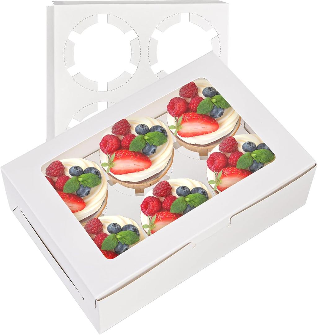 Jucoan 50 Pack Cupcake Box with Insert and Window Hold 6 Standard Cupcakes, Food Grade Cupcake Carrier Container, White Bakery Muffin Box for Pastry, Cookies, Small Cake, Party Dessert