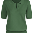 Kate Kasin Women Short Sleeve Polo Sweater V Neck Knitted Tops Casual Ribbed Shirt Loose Pullover Sweater, Medium