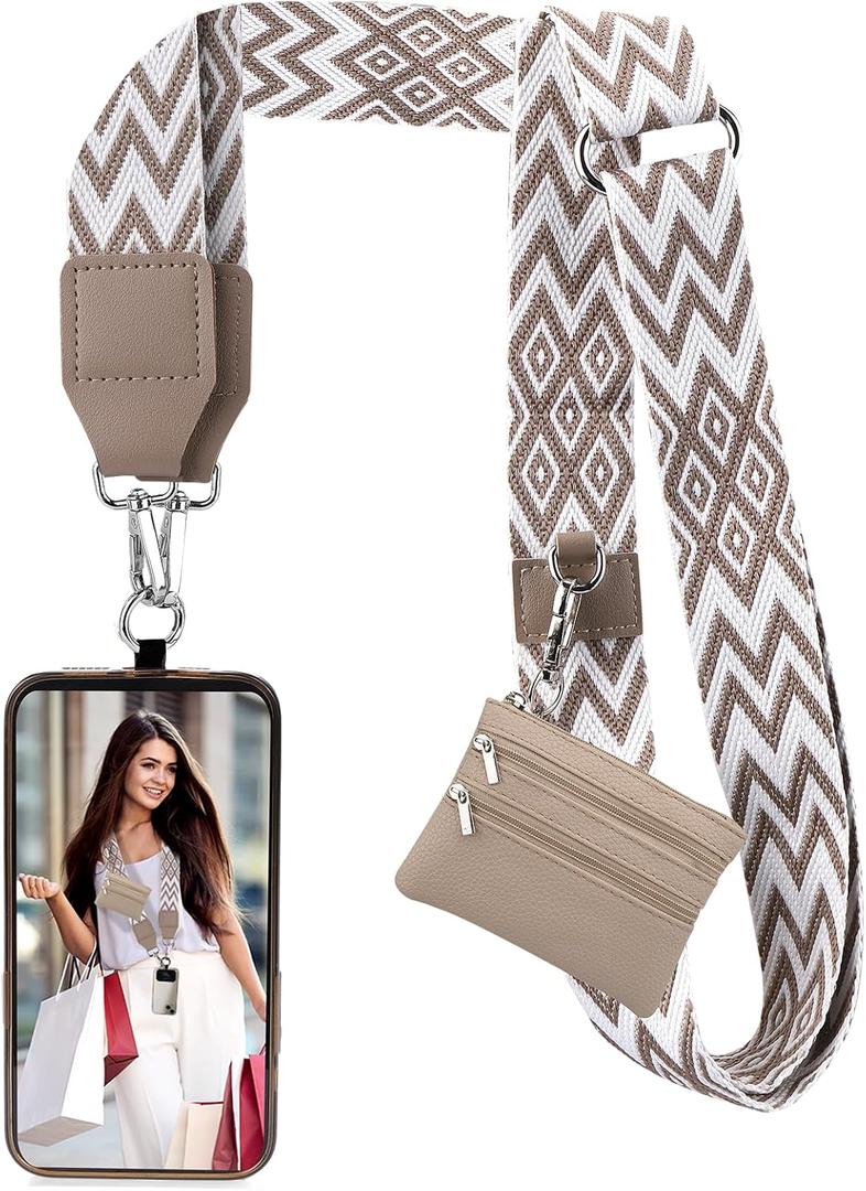 XANGNIER Clip and Go Strap for Phone with Wallet Crossbody, Phone Strap with Zippered Wallet, Adjustable Anti Theft Cellphone Lanyard for Women, Cellphone Chain Accessories,Multicolor 21