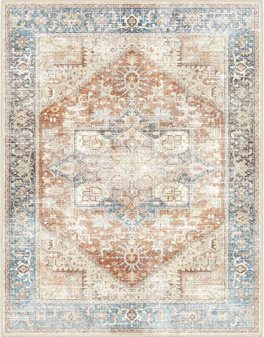 Area Rugs 7X9 for Living Room, Machine Washable Non Slip Vintage Retro Rugs, Low Pile Lightweight Faux Wool Print Rug 7x9 for Bedroom, Dining Room, Home Office (7X9 Terracotta/Sky)