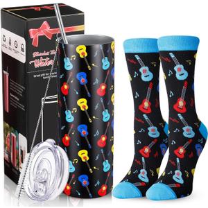Umigy 2 Pcs Music Gifts for Men 20 oz Stainless Steel Guitar Tumbler and Socks Musical Graduation Gift End of Year Teacher Gifts for Guitar Lover Musician Team Men Women Birthday