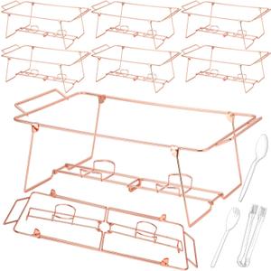 Geosar 32 Pack Wire Buffet Rack Stand Folding Chafing Stand Chrome Frame Serving Trays Food Warmer with Plastic Tong Fork and Spoon for Christmas Thanksgiving Home Party Catering Supplies (Rose Gold)