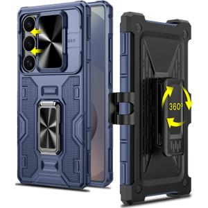 Caka for Samsung Galaxy S25 Ultra Case with Belt Clip Holster Slide Camera Cover Built-in 360 Rotate Ring Holder Stand Heavy Duty Shockproof Protective S25 Ultra Case 2025, Blue
