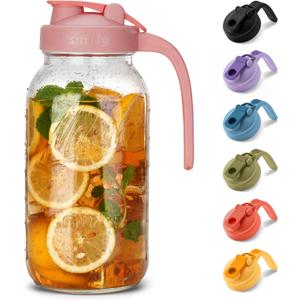 SMIRLY 64 oz Mason Jar Pitcher,Glass Pitcher with Wide Mouth,Water Jug with Double Leak Proof Lid for Iced Coffee,Hot Water,Breast Milk (Pink)