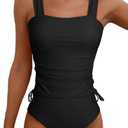 Aleumdr Womens Retro Ruched Two Piece Strappy Tummy Control Swimwear Tie Side Tankini Bathing Suit Set, M