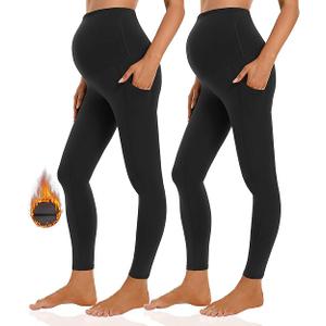 Foucome Women's Maternity Fleece Lined Leggings with Pockets Over The Belly Pregnancy Winter Warm Workout Yoga Pants 2 Packs , Small
