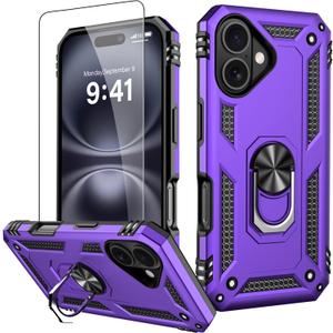 IKAZZ for iPhone 16 Case 6.1 Inch with Screen Protector,Military Grade Shockproof Heavy Duty Protective Phone Cover Pass 16ft Drop Test with Magnetic Kickstand Car Holder,Purple Color