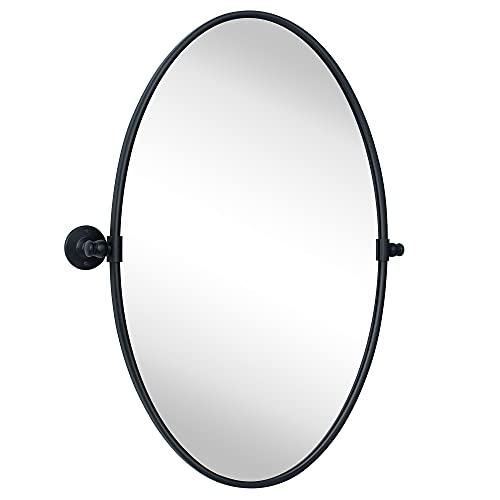 TEHOME Farmhouse Matte Black Oval Metal Pivot Bathroom Vanity Mirror Tilting Beveled Vanity Mirrors for Wall, Overall 23.99 x 30 inches (Mirrror 20 x 30 inches)