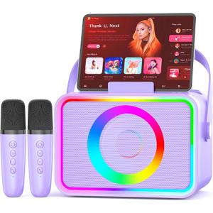 Karaoke Machine,Portable Bluetooth Speaker with 2 Wireless Microphone for Adults & Kids with LED Lights, Karaoke Microphone with PA System Supports USB/TF/AUX,Gift for Party (Purple)