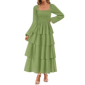 MEROKEETY Women's Summer Fall Long Sleeve Ruffle Tiered Dress 2025 Flowy Layered Square Neck Smocked Maxi Dresses, Green, Large (Green, L)