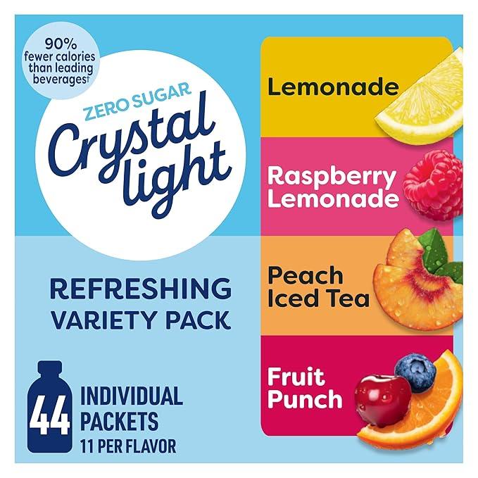 Crystal Light Refreshing Drink Mix Variety Pack, 44 Packets, for Convenient Hydration, Lemonade, Raspberry Lemonade, Peach Iced Tea, Fruit Punch, Natural and Artificial Flavor, Zero Sugar, 4.18 oz, BBD: 04/03/2028