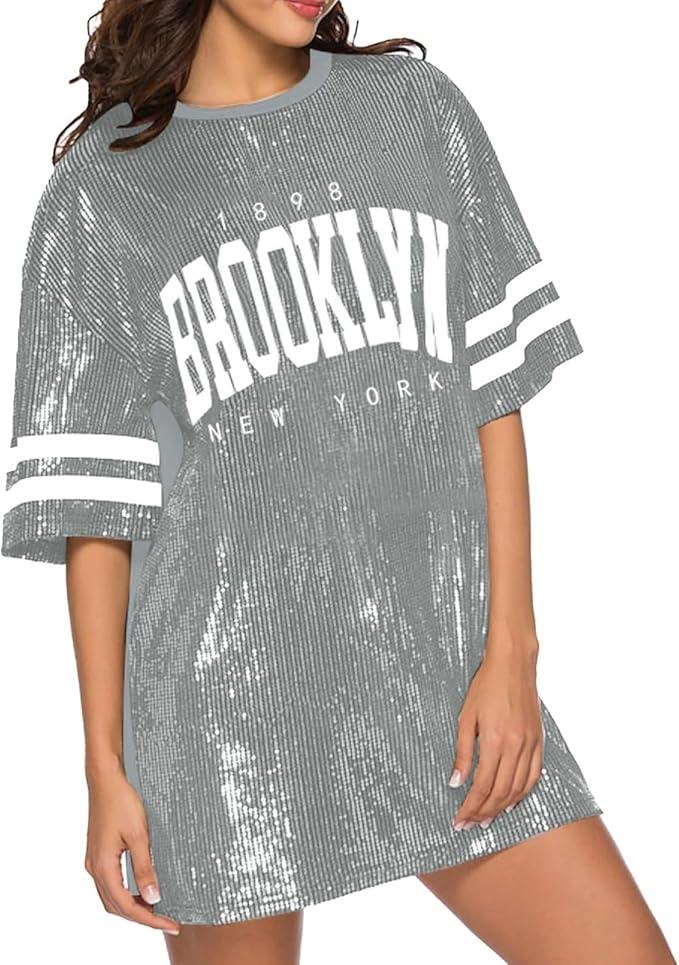 Gray, Sequined T-shirt With "BROOKLYN NEW YORK, L