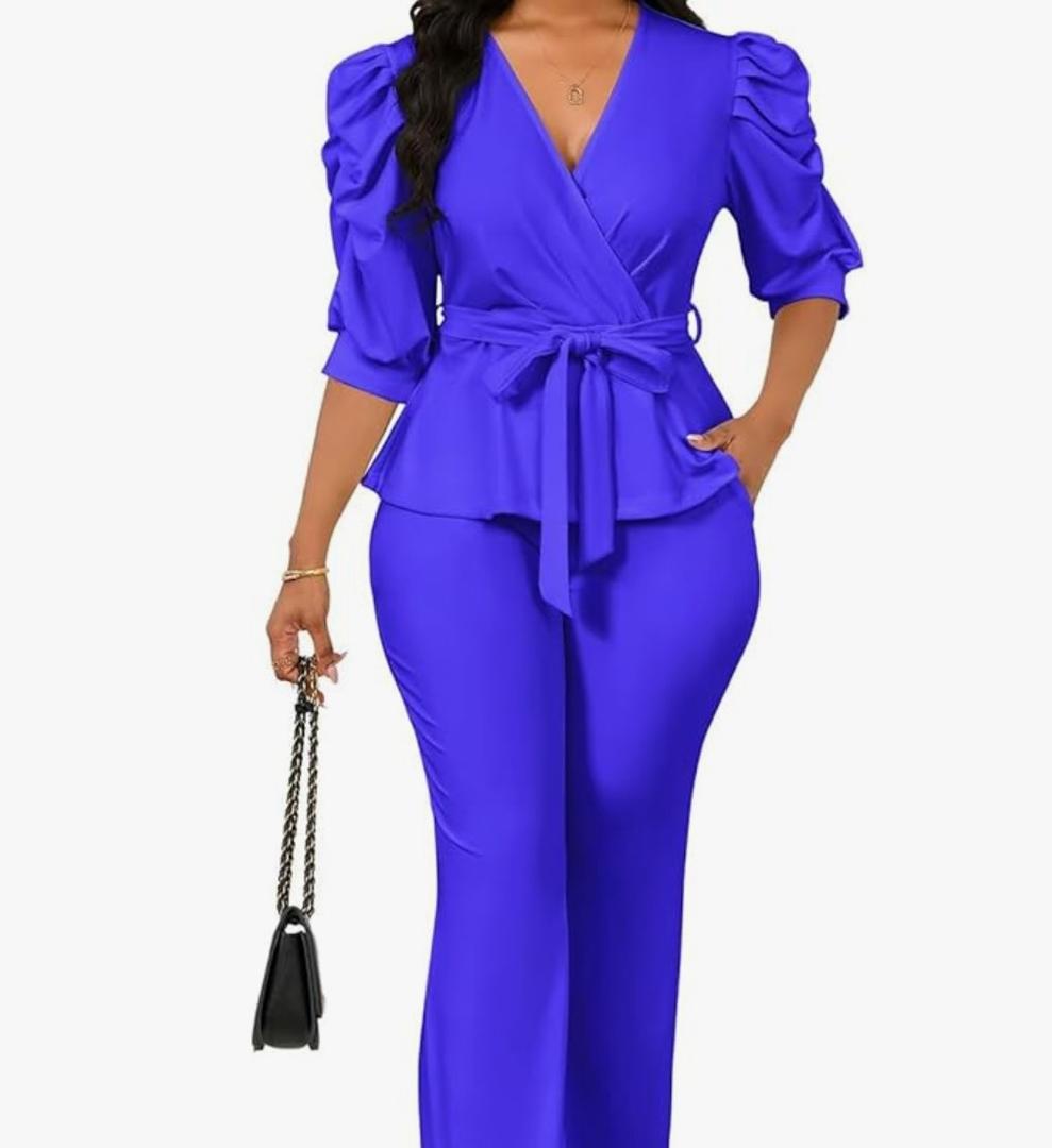 Ekaliy Dressy 2 Piece Pant Sets for Women Fall Outfits Ruffle Top Wide Leg Business Pantsuits S