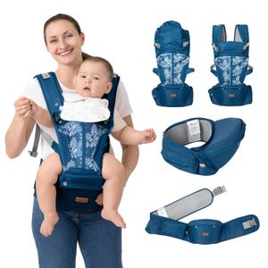 BabbleRoo Grow Carrier  Safety-Certified 6-in-1 Baby Carrier with Hip Seat, Ergonomic & Adjustable Toddler Carrier 7-50 lbs with Hip Support, Hood for Sun Protection, Newborn to Toddler, Denim Leaves