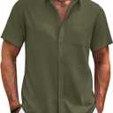 COOFANDY Men's Cotton Linen Shirts Short Sleeve Casual Shirts Summer Button Down Shirt Linen Beach Vacation Shirt (Large, Army Green)