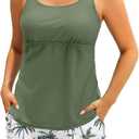 Tempt Me Two Piece Tankini Swimsuits for Women Tummy Control Bathing Suit with Shorts Athletic Two Side Pockets Swimwear (Large, Green Leaves)