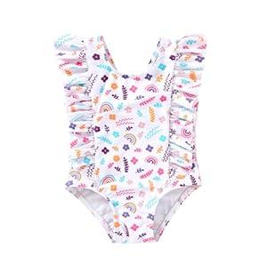 Happy Town One-Piece Infant Toddler Baby Girl Summer Swimsuit Watermelon Leopard Ruffle Swimwear Bikini Bathing Suit (Floral, 12-18 Months)