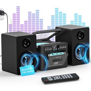 Greadio Stereo System for Home with Boombox CD and Cassette Player Combo, 40W Home Stereo System with Bluetooth, FM Radio/USB/TF/AUX/Remote Control, Detachable Wooden Bookshelf Speakers (Black)