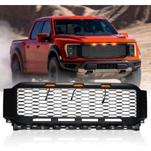 Front Grille For F150 2021 2022 2023, Front Mesh Grill Replacement Raptor Style with 3 Amber Led Lights Accessories, Matte Black