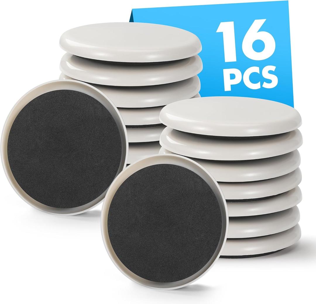 16-Pack Furniture Movers Sliders for Carpet & Hardwood Floors, Save 80% Effort Safely and Easily, The Glide Tool Set for Heavy Furniture and Appliances, Reusable Moving Pads (16 Plastic 3.5" Sliders)